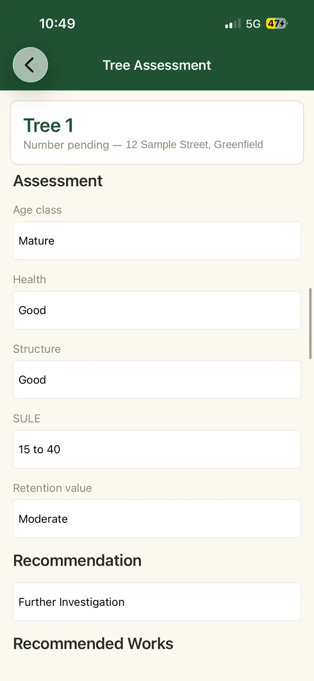 TIMBR Field tree assessment screen showing structured fields for health, structure and retention value