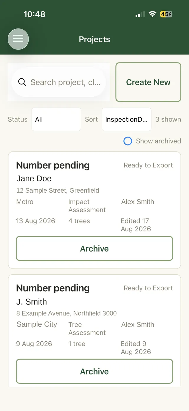 Project list in TIMBR Field showing sync status, client, council and tree counts