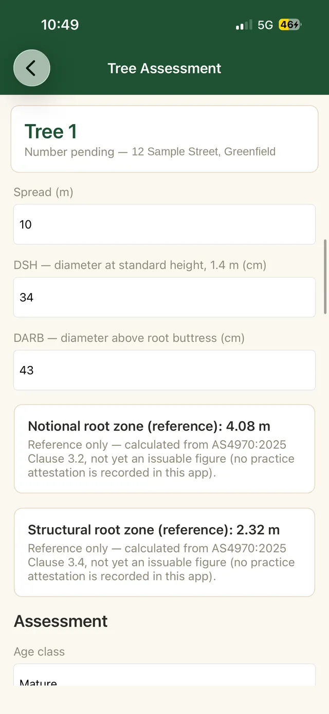 Measurement screen showing trunk diameter inputs with AS 4970:2025 reference calculations