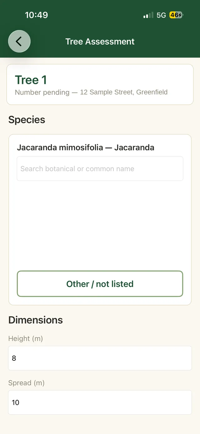 Species selection screen in TIMBR Field with botanical and common name search