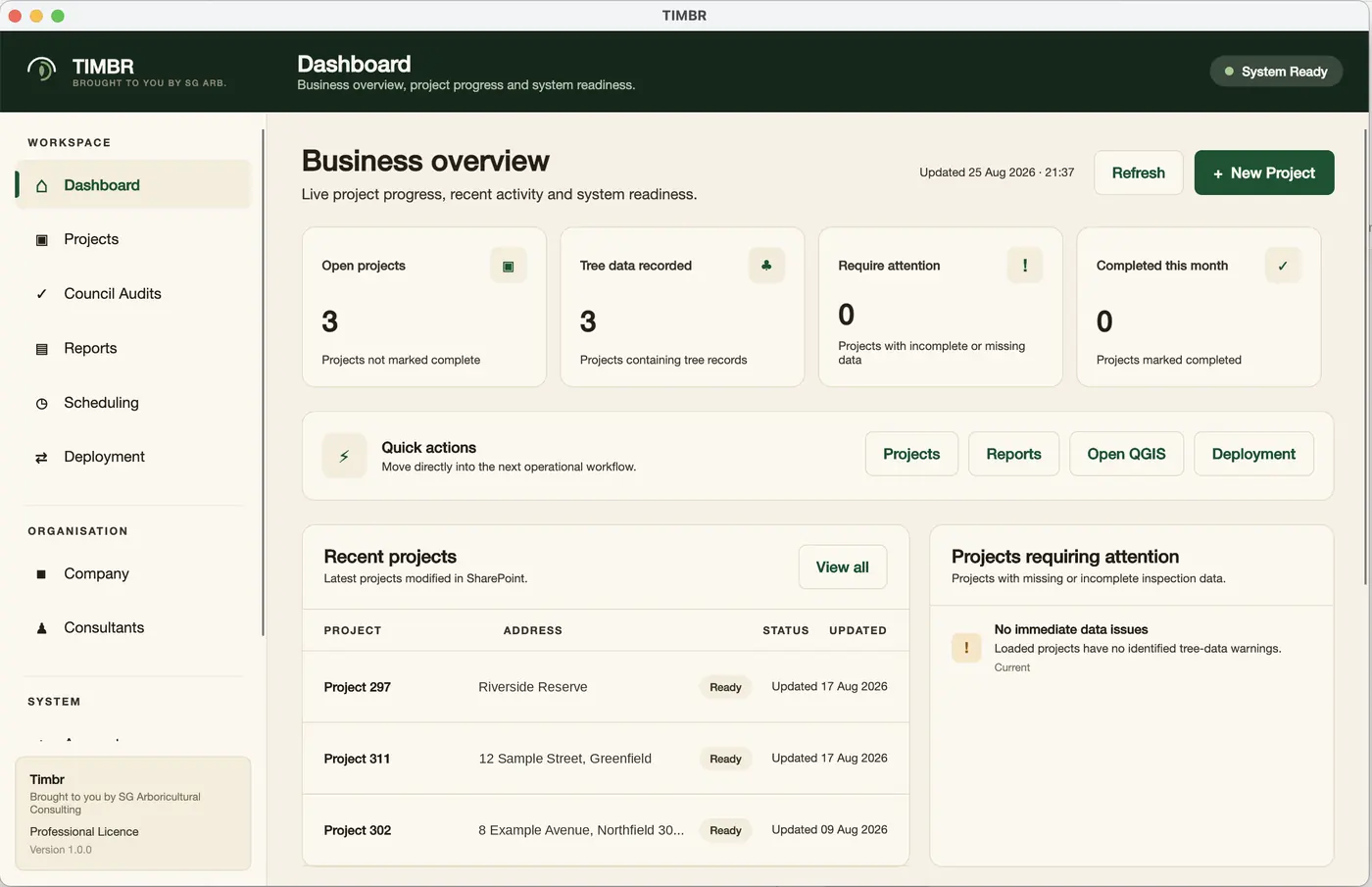 TIMBR Hub desktop console showing a business overview dashboard with project progress