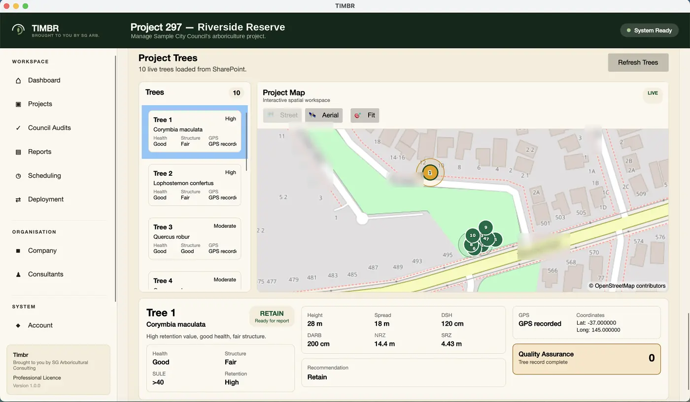 TIMBR Hub project workspace showing captured trees on a map with assessment details and AS 4970:2025 reference figures