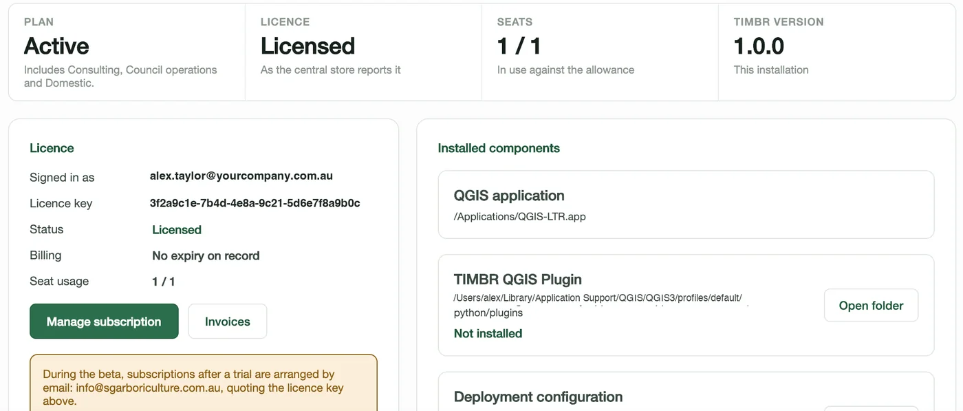 The Account page of TIMBR Hub: plan, licence and seat tiles across the top, and a Licence card listing who is signed in, the licence key, status and billing