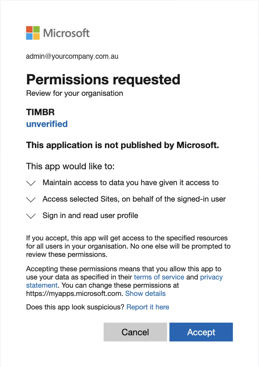 Microsoft's Permissions requested prompt for TIMBR, listing Maintain access to data you have given it access to, Access selected Sites on behalf of the signed-in user, and Sign in and read user profile, with Cancel and Accept buttons