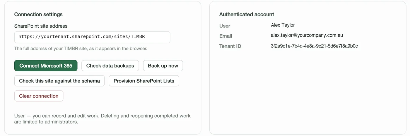The Deployment page of TIMBR Hub: a SharePoint site address box with Connect Microsoft 365, Check this site against the schema and Provision SharePoint Lists buttons, and the signed-in account beside it