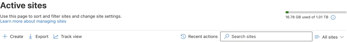 The Active sites page of the SharePoint admin centre, with the Create button in its toolbar