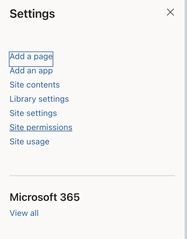 The Settings menu of a SharePoint site, listing Add a page, Add an app, Site contents, Library settings, Site settings, Site permissions and Site usage