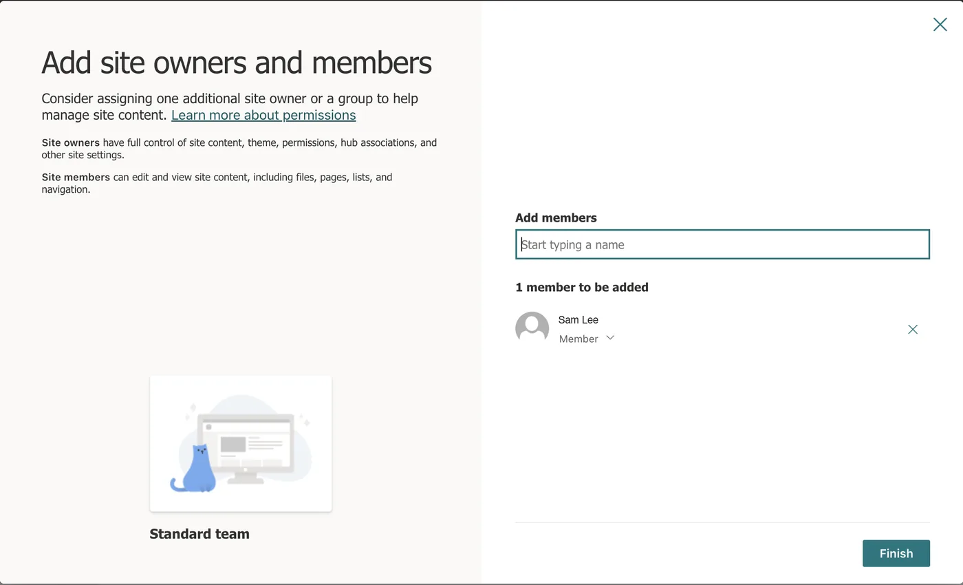 The Add site owners and members form with one member about to be added