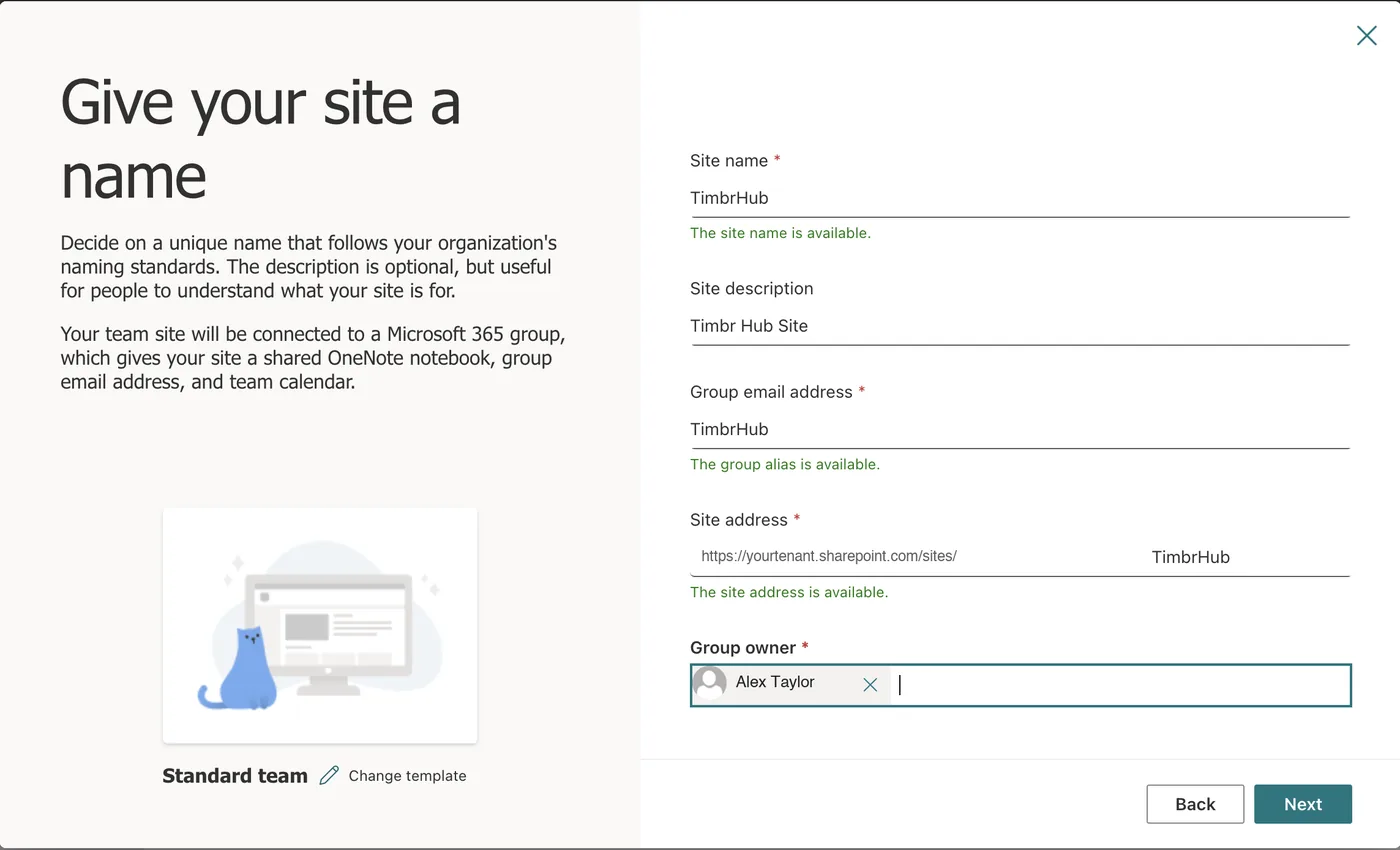 The Give your site a name form: site name, description, group email address, site address and group owner