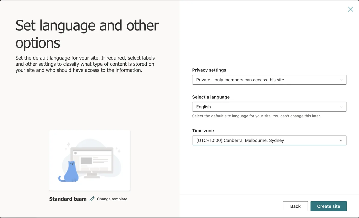 The Set language and other options form with Privacy settings set to Private, English and the Melbourne time zone